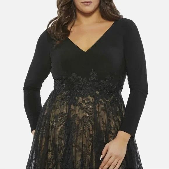 Mac Duggal 67897 LONG SLEEVE‎ JERSEY LACE COCKTAIL DRESS 24 W Black - Picture 2 of 7